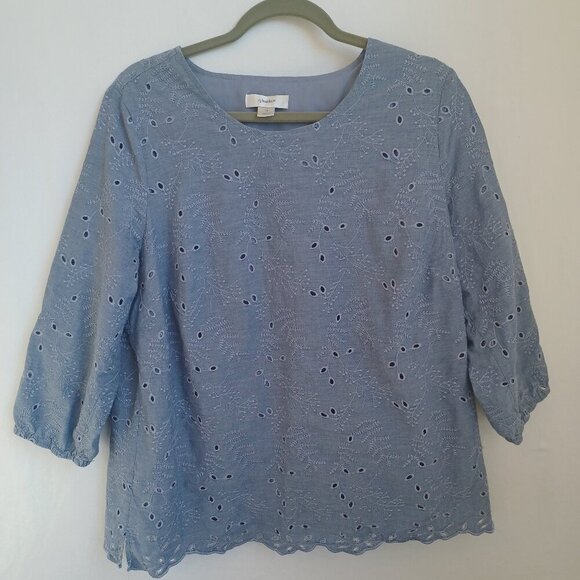 CJ Banks Top Blue Cotton Eyelet Lace Popover Womens 1X - Picture 2 of 13